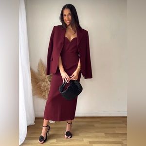 Zara 3-Piece Set - Wine Tailored Blazer, Sweetheart Bustier & Pencil Skirt